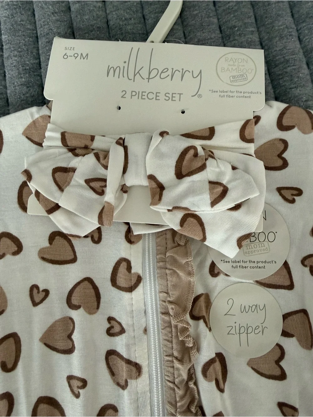 Milkberry Cream & Brown Heart Print Baby One-Piece